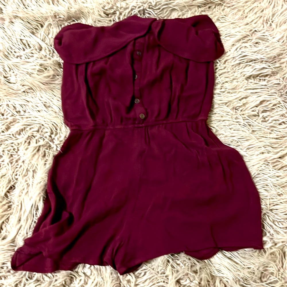 Burgundy strapless ruffle romper